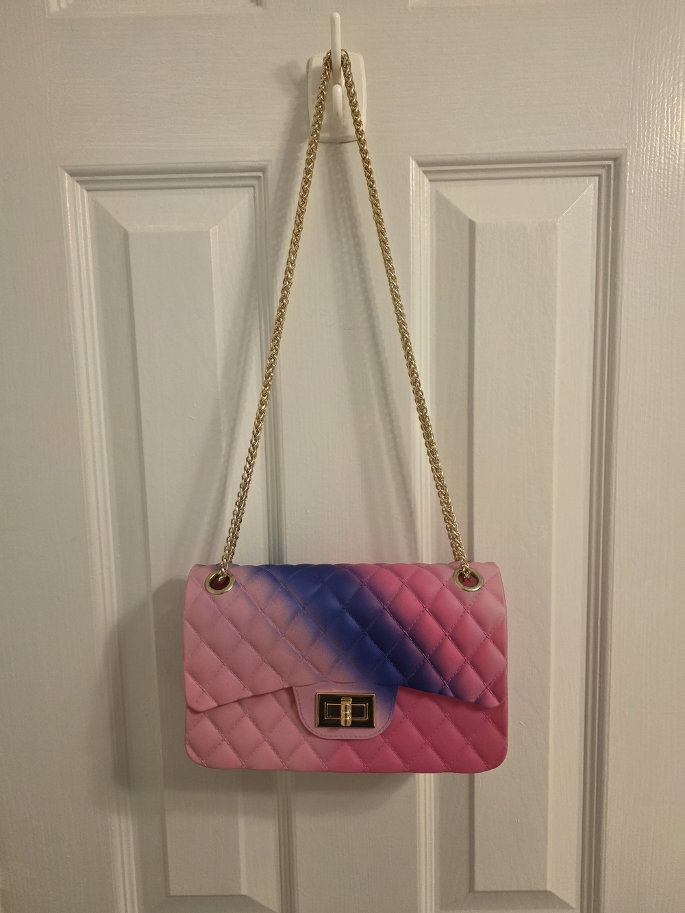 Quilted Gradient Shoulder Bag in Pink & Blue with Gold Chain